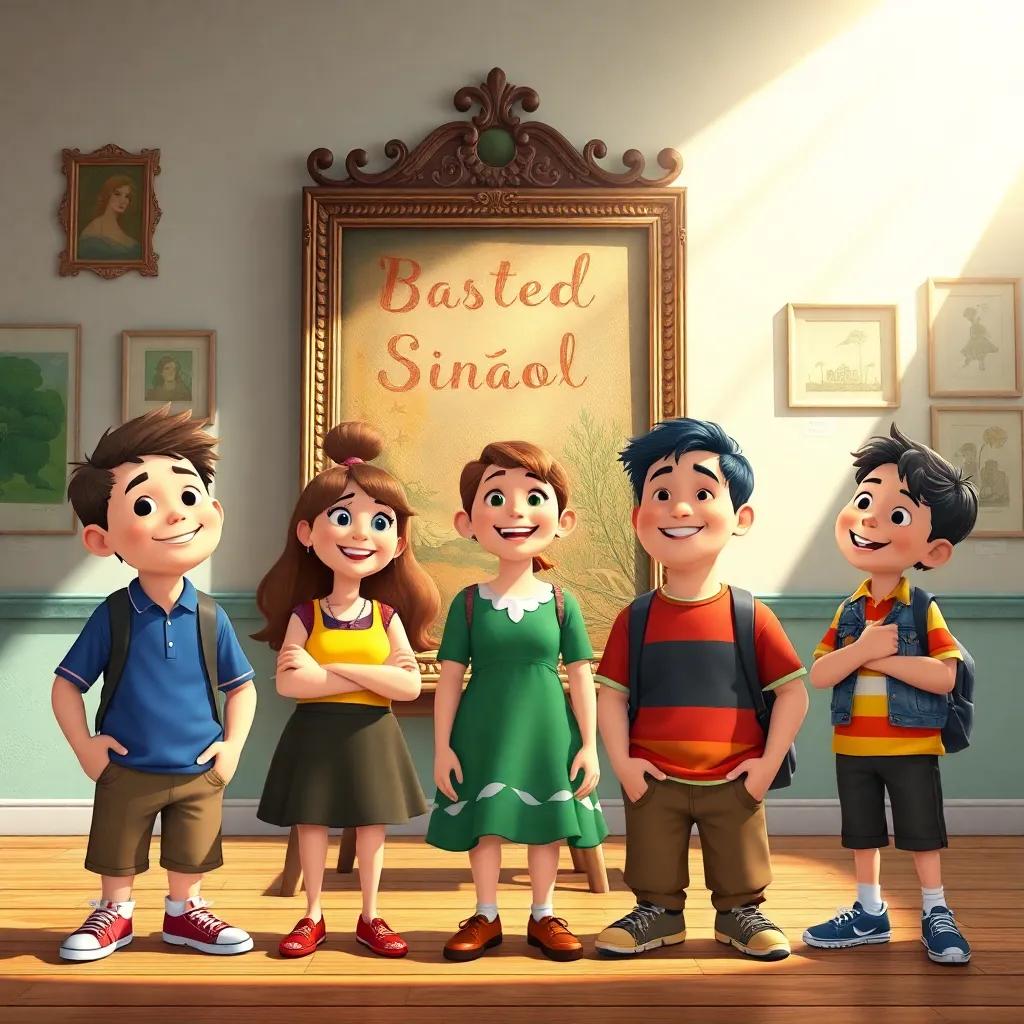 Um grupo de cinco amigos, João, Lúcia, Samira, Pedro e Tiago, estacionados em frente a um estande de arte antigo e empoeirado na escola, sorrisos de animação, cores vibrantes em seus desenhos, arte digital, ambiente amigável, iluminação ensolarada, perspectiva alegre, qualidade elevada