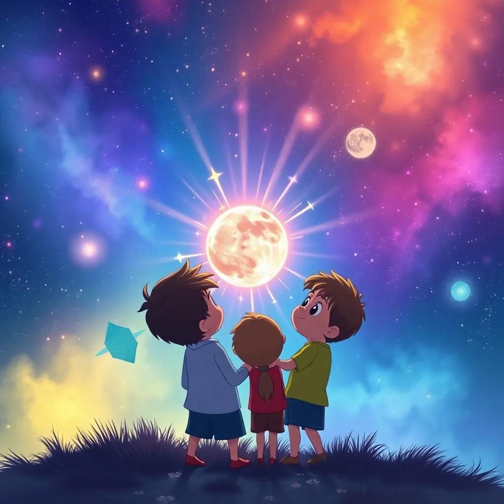 Uma paleta mágica com cores brilhantes e luminosas em um fundo nebuloso, raios de luz irradiando dela, o grupo de amigos a observando com expressões de espanto e curiosidade, ilustração encantadora, atmosfera mágica, cores vivas, perspectiva envolvente, arte detalhada