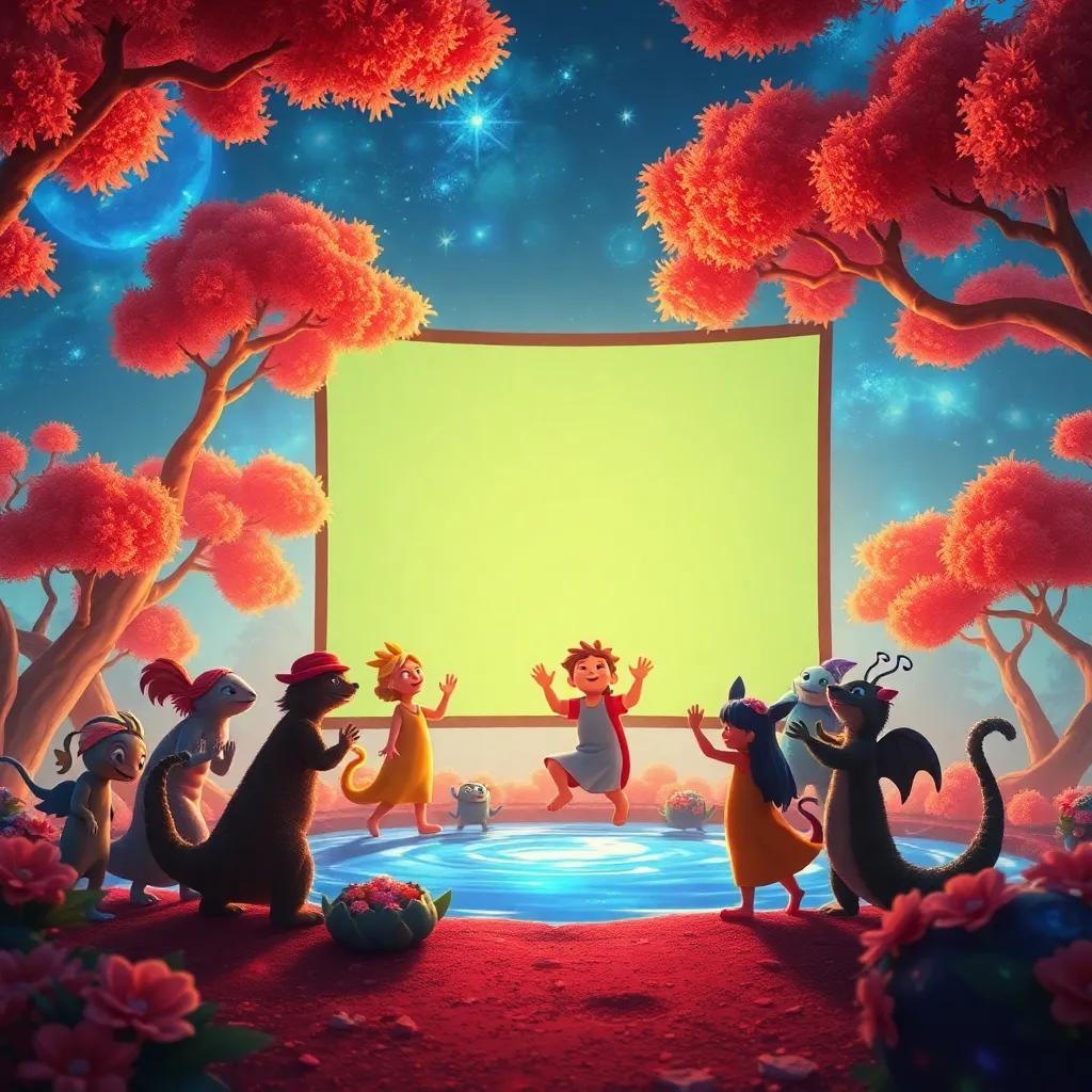 Uma cena mágica onde os amigos são puxados para uma tela colorida, rodeados por árvores roxas e rios azuis, criaturas fantásticas dançando e se movendo ao redor, arte de fantasia digital, tons vívidos, alegria no ambiente, iluminação divertida, qualidade elevada, perspectiva aventureira