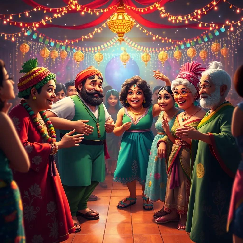 Os amigos comemorando com personagens de suas obras, entrelaçando culturas e danças em uma festa cheia de alegria, cores brilhantes e detalhes vibrantes, arte festiva e lúdica, atmosfera de celebração, perspectiva animada, arte digital detalhada