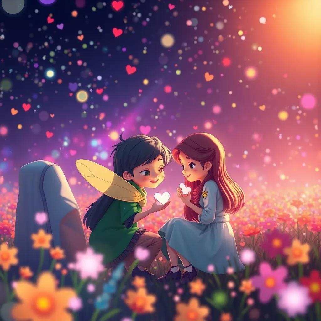 Uma cena de despedida com todos os amigos e a borboleta segurando corações coloridos, um fundo mágico repleto de cores vibrantes, sentimentos de conexão e amizade, arte emocional, perspectiva mágica, qualidade elevada