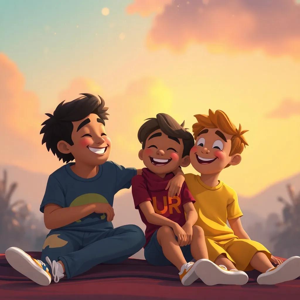 Os amigos sentados juntos, sorrindo e trocando ideias sobre suas experiências inusitadas, com uma paleta mágica ao fundo, atmosfera de amizade, cores calmas, perspectiva íntima, arte amigável, qualidade elevada