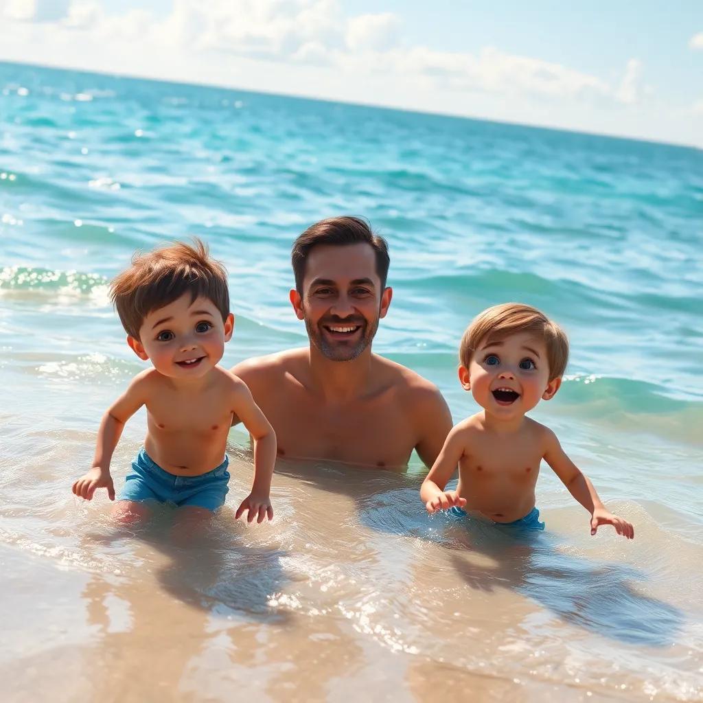 A sunny day at the shore with a father and two children preparing to dive into the sea, both children have excited expressions, beach, warm colors, bright light, inviting atmosphere, high quality