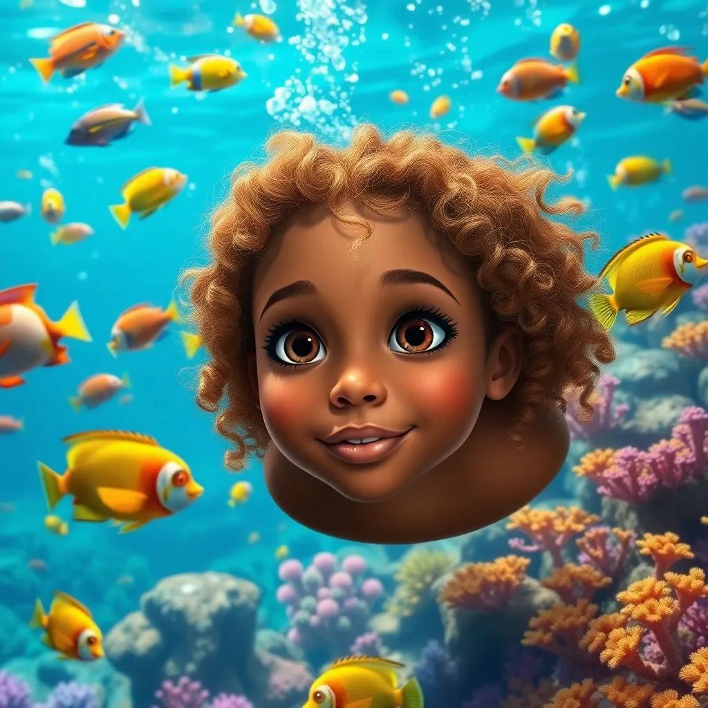 Underwater scene with Vitória, a 9-year-old girl with brown skin, honey-colored eyes, and curly golden hair, swimming alongside colorful fish and coral, vibrant aquatic life, bright colors, enchanted atmosphere, detailed digital art, high quality