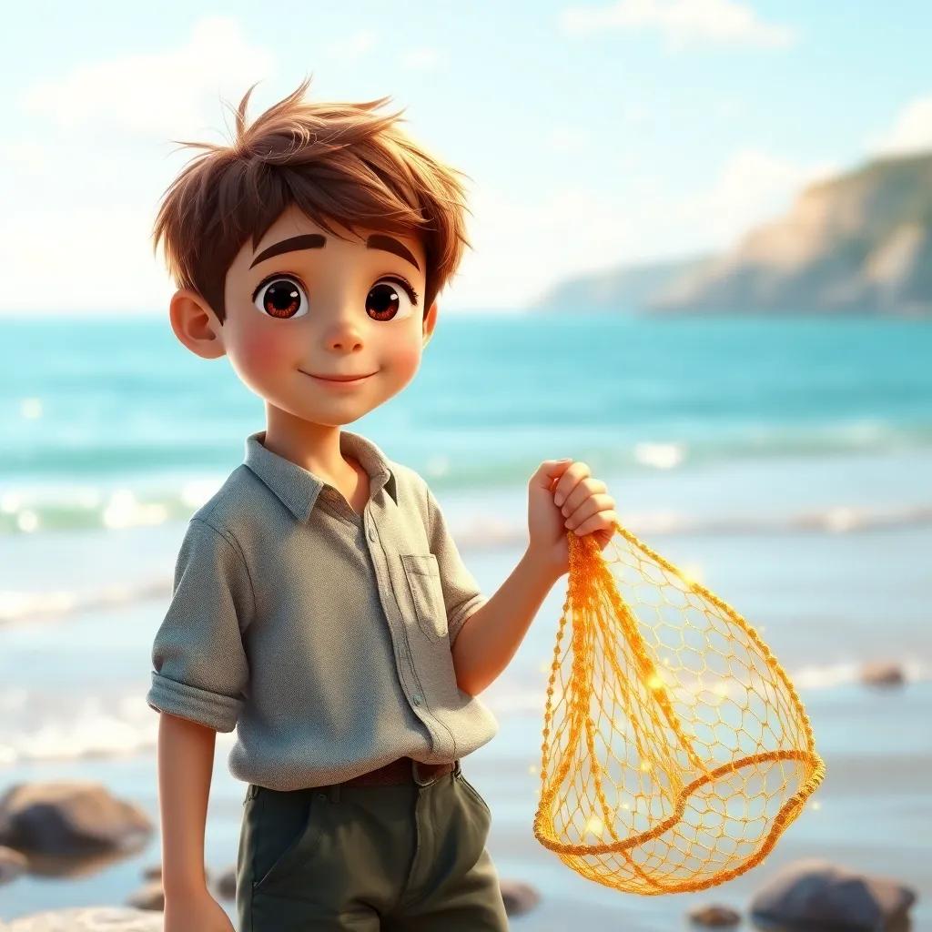 A young fisherman, Tomás, a young Portuguese boy with short brown hair, wearing a simple fishing shirt and trousers, by the seaside holding a sparkling golden net, bright morning, colorful beach, cheerful atmosphere, digital art, vibrant colors, inviting scene