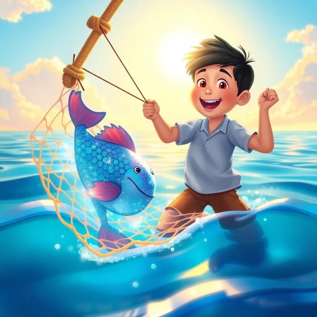 Tomás pulling a shimmering blue fish from the magic net with a sparkling aura, the sea and sunlight casting nice patterns on the water, joyful expression, child-friendly illustration, bright colors, warm light, detailed