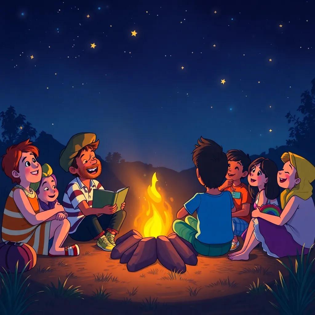 Tomás sitting with friends around a bonfire at night, sharing dreams and stories, stars twinkling above, warm and inviting atmosphere, community joy, colorful illustrations, friendship