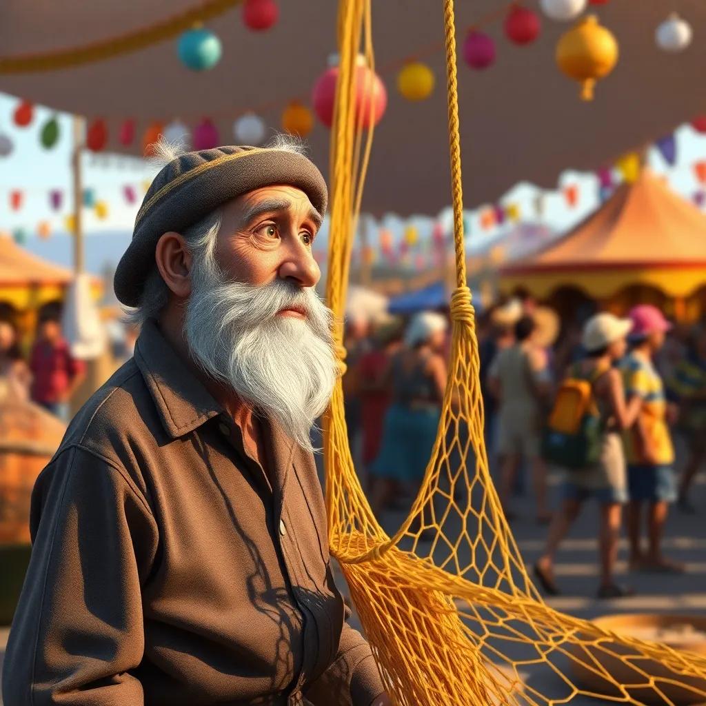 An old fisherman with a beard approaching Tomás, admiring the golden net, a picturesque festival happening in the background, full of colors and life, friendly atmosphere, community gathering, vibrant