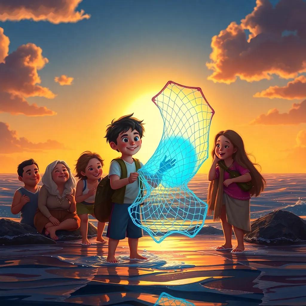 Tomás by the sea holding the magical net while friends surround him, all smiling, the sun setting behind them, symbolizing dreams and community, digital painting, warm colors, enchanting ambiance