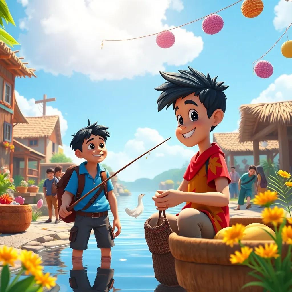 Tomás living his life on a sunny day with friends, fishing, sharing goals, the village bustling with joy, unity in diversity, vivid representation of happiness, bright colors