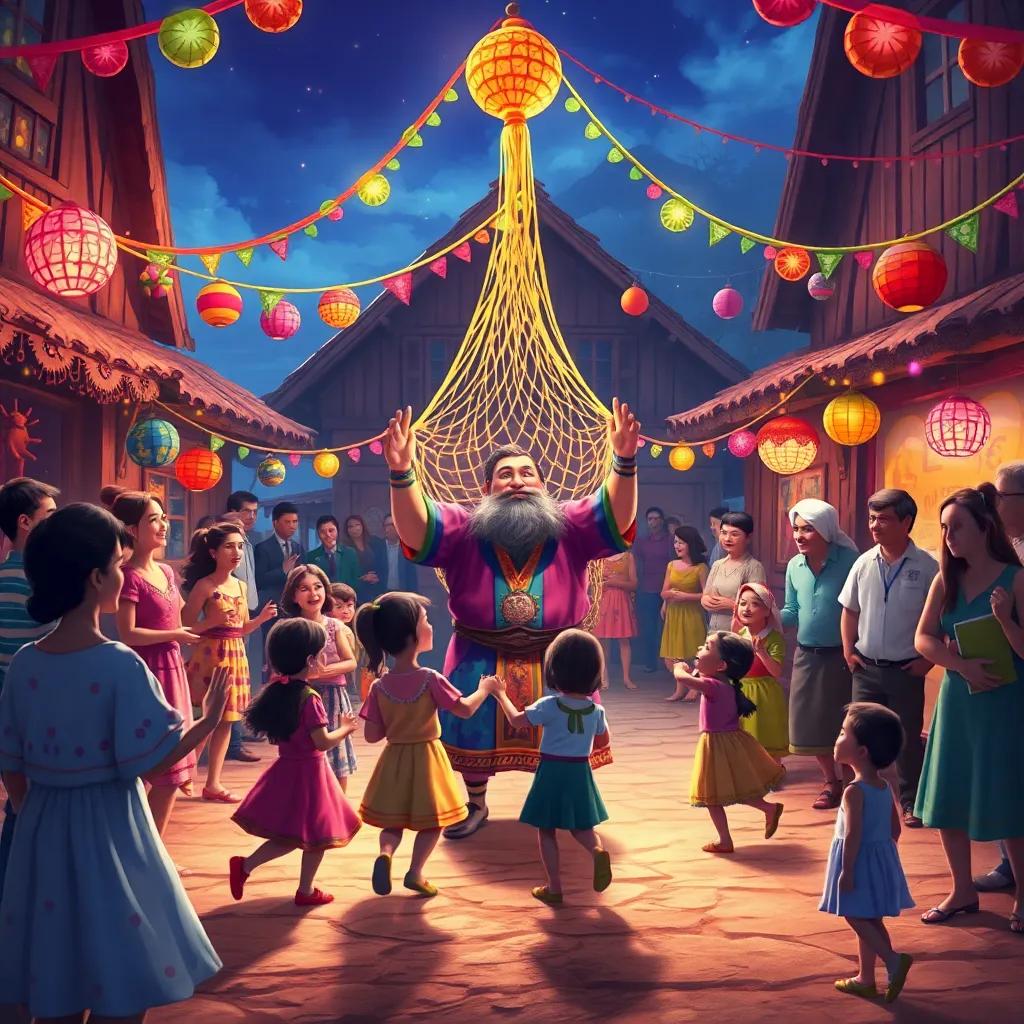 A magical celebration in the village with colorful decorations, children dancing, adults enjoying the festivities, Tomás at the center with the fishing net, enveloped in warmth and joy, vibrant festive atmosphere