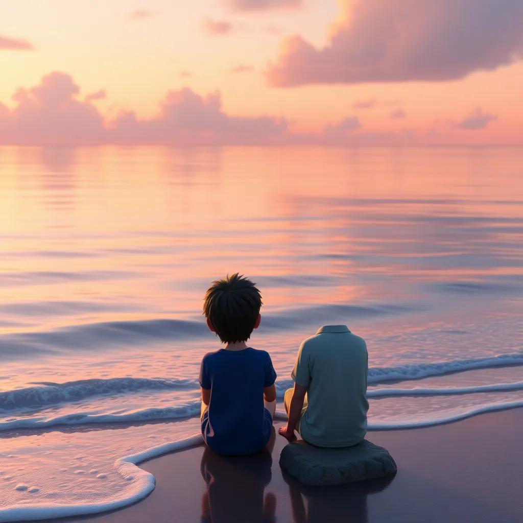 A serene scene of Tomás by the sea recalling all the lessons learned, soft waves gently lap the shore, reflecting on his journey, tranquil vibe, peaceful colors, artistic representation of reflection