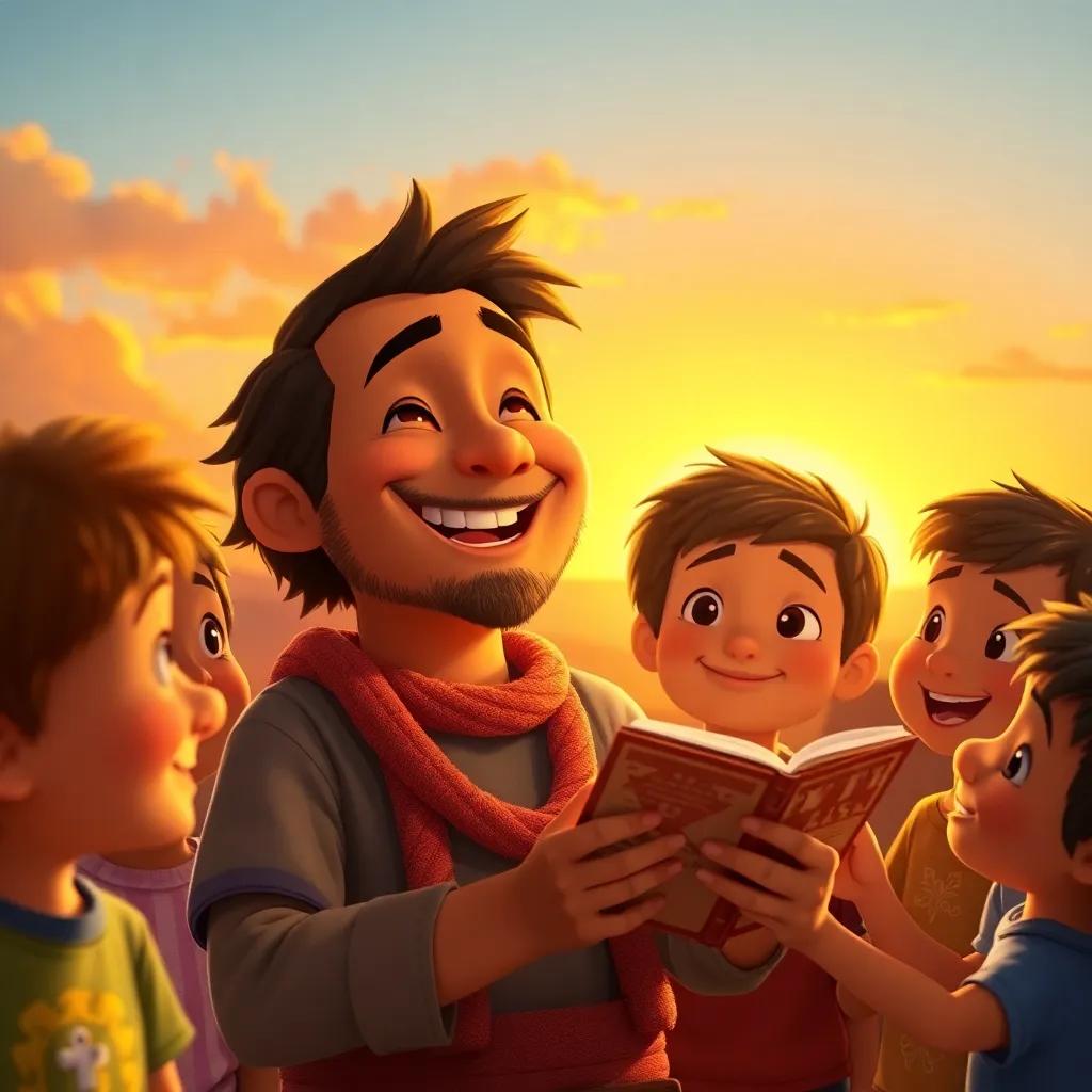 Tomás, now a legend, smiling and surrounded by children, telling stories of friendship and dreams, a beautiful sunset in the background, inspiring scene, golden hues, artistic portrayal of happiness