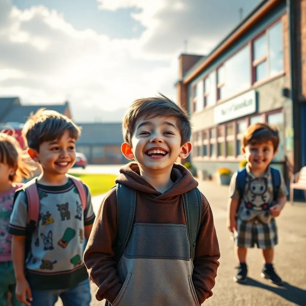 A nostalgic scene in a Welsh town, featuring young Max Jones laughing with his friends in front of Gelli Primary School, colorful schoolyard, cheerful atmosphere, digital art, bright colors, warm sunlight, storytelling view, high quality