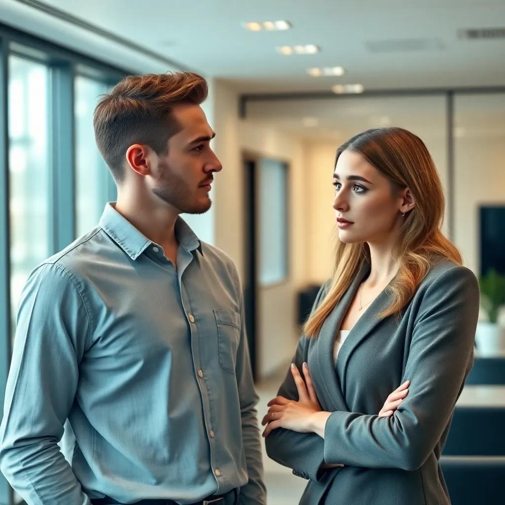 Max, a 25-year-old Welsh man, confidently standing in a modern office, discussing business with Megan, a beautifully dressed young woman with soft features, elegant clothing, and a concerned expression, clean and professional setting, realistic artwork, detailed, sharp focus
