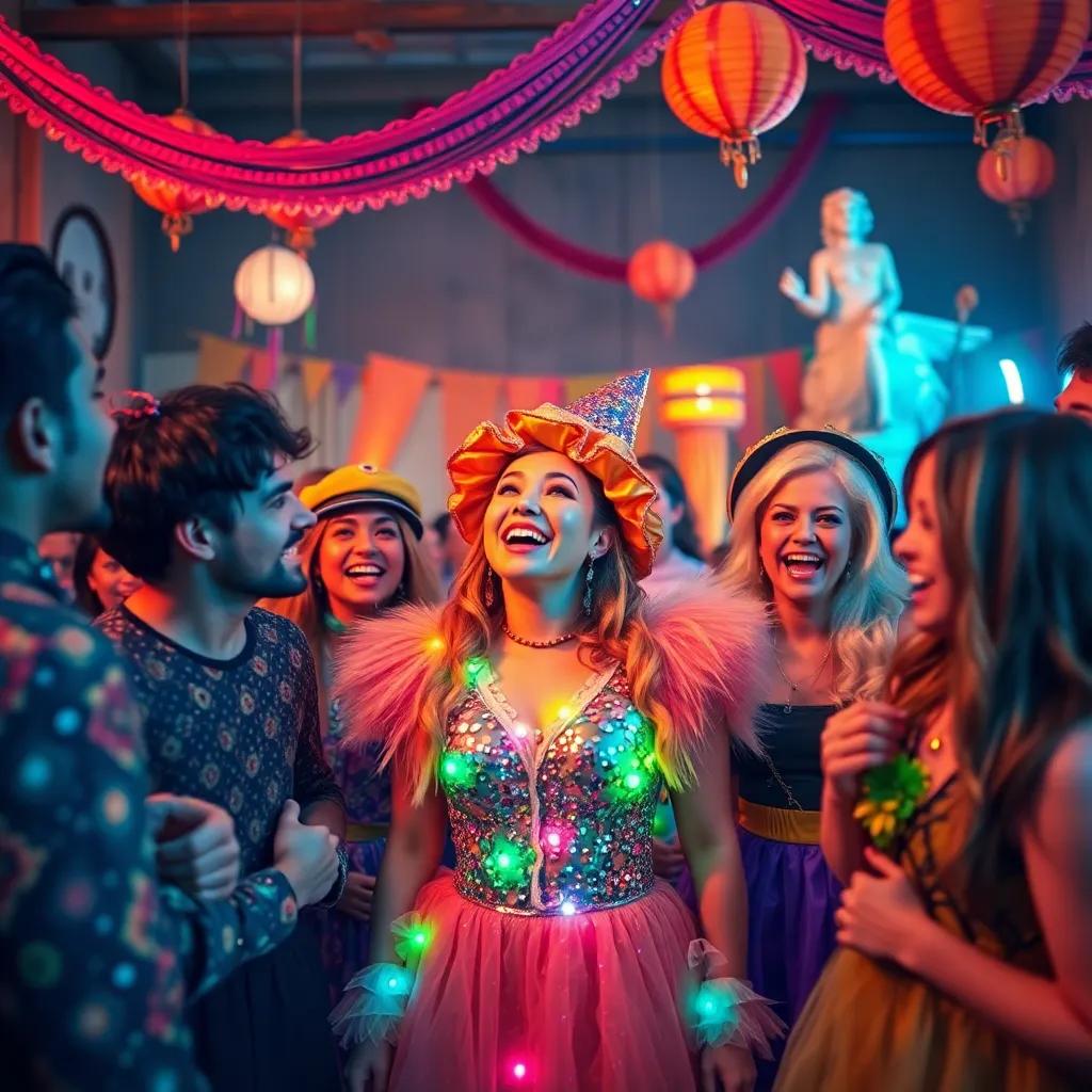 A cheerful Halloween party filled with decorations and colorful costumes, showing Jayantonia in a bright and sparkly costume laughing with friends, digital art, lively atmosphere, warm colors, high quality