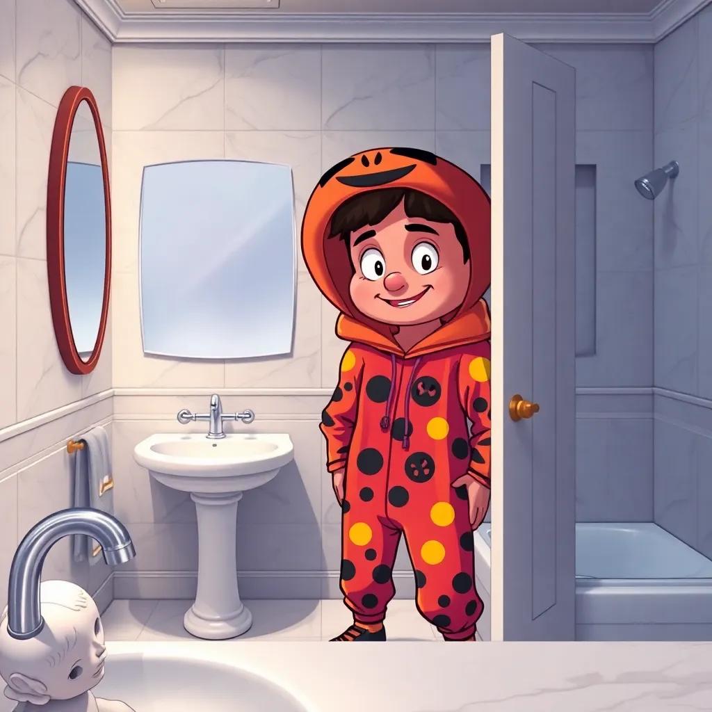 Jayantonia standing in a bathroom, looking surprised with a colorful Halloween costume, Michael peeking in playfully with a warm smile, detailed illustration, cozy colors, inviting setting, high quality