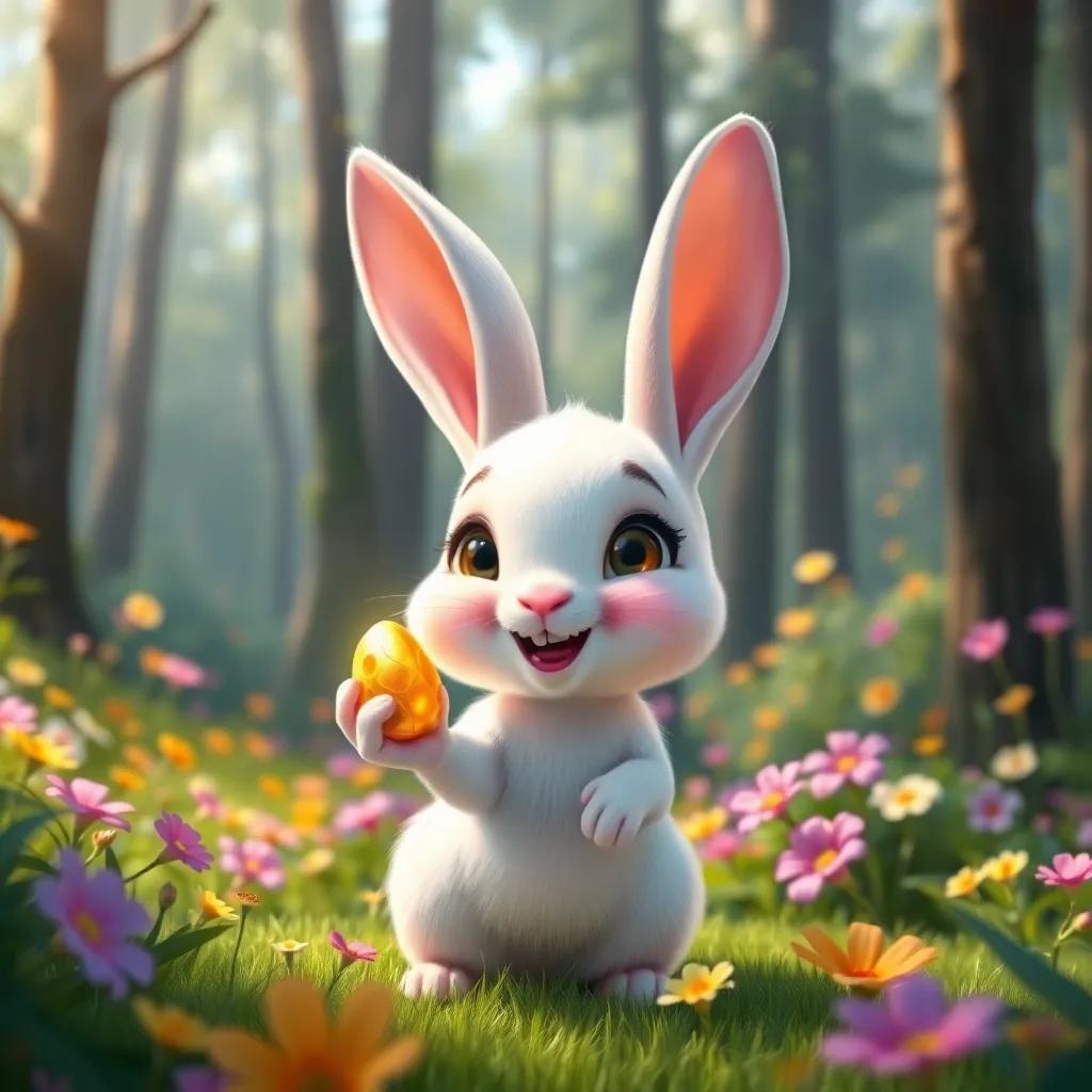 A young rabbit, Luma, with soft white fur and big ears, holding a shiny golden seed in a lush enchanted forest filled with colorful flowers and tall trees, joyful expression, digital art, bright colors, cheerful atmosphere, high quality
