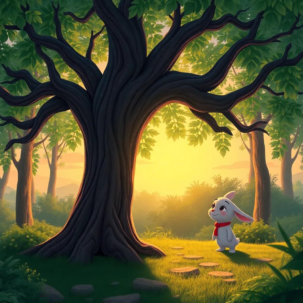 A wise old tree, Vovô Cedro, with a thick trunk and many branches, speaking kindly to Luma the rabbit in a magical forest during sunset, warm light filtering through leaves, peaceful scene, illustration, enchanting, high quality