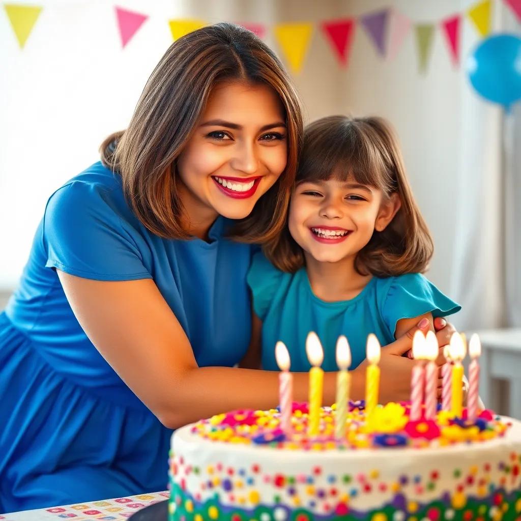 A cheerful young woman, Mama, with shoulder-length brown hair, wearing a bright blue dress, smiling warmly as she embraces her daughter, colorful birthday cake with candles on a table, bright and festive atmosphere, digital art, joyful and bright colors, heartwarming, high quality
