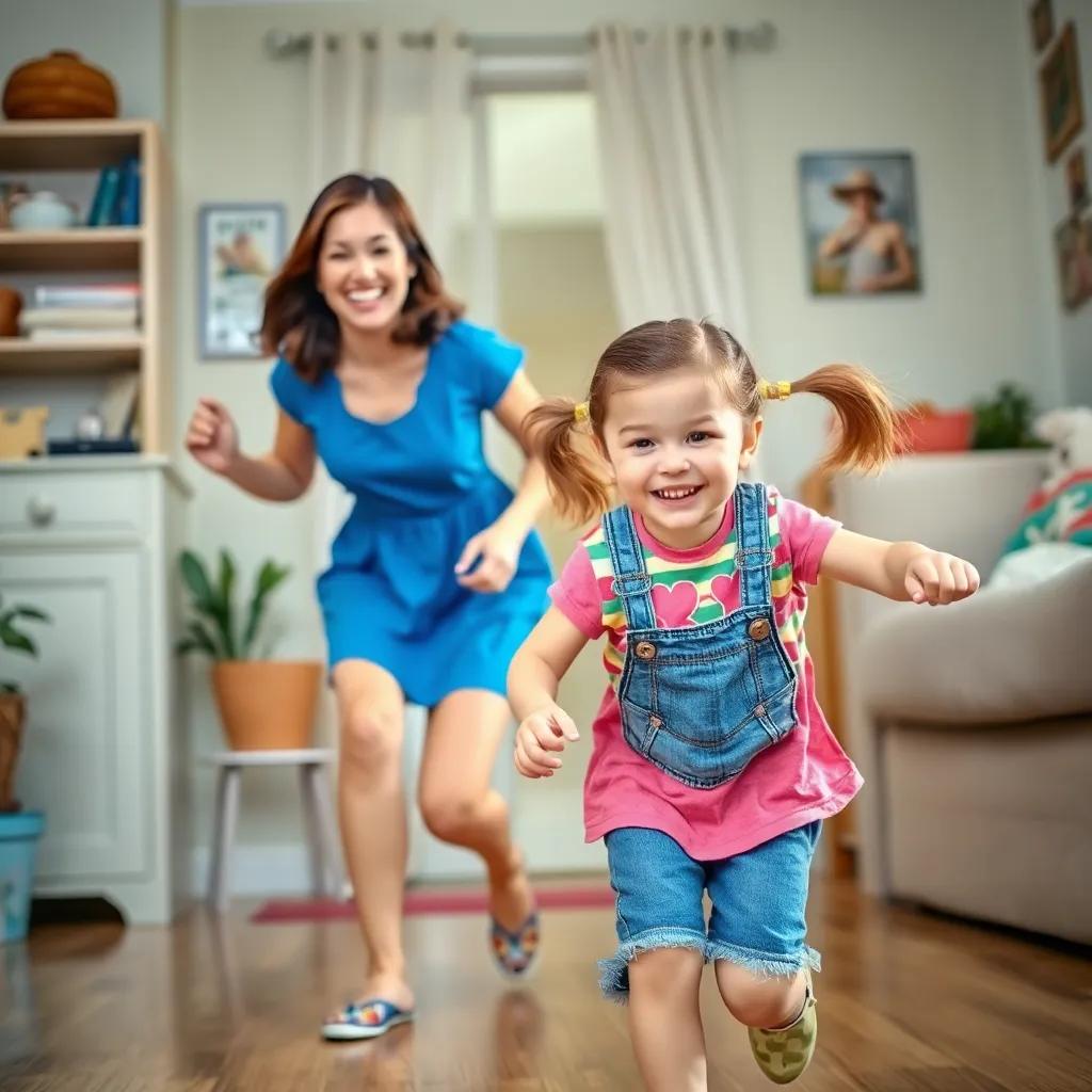 A warm and playful scene of Mama, a young woman with shoulder-length brown hair in a bright blue dress, trying to chase her daughter, Emma, who has pigtails and wears a fun shirt and denim shorts, vibrant colors reflecting a playful day at home, capturing happiness and laughter, colorful, child-friendly, lovely details, high quality