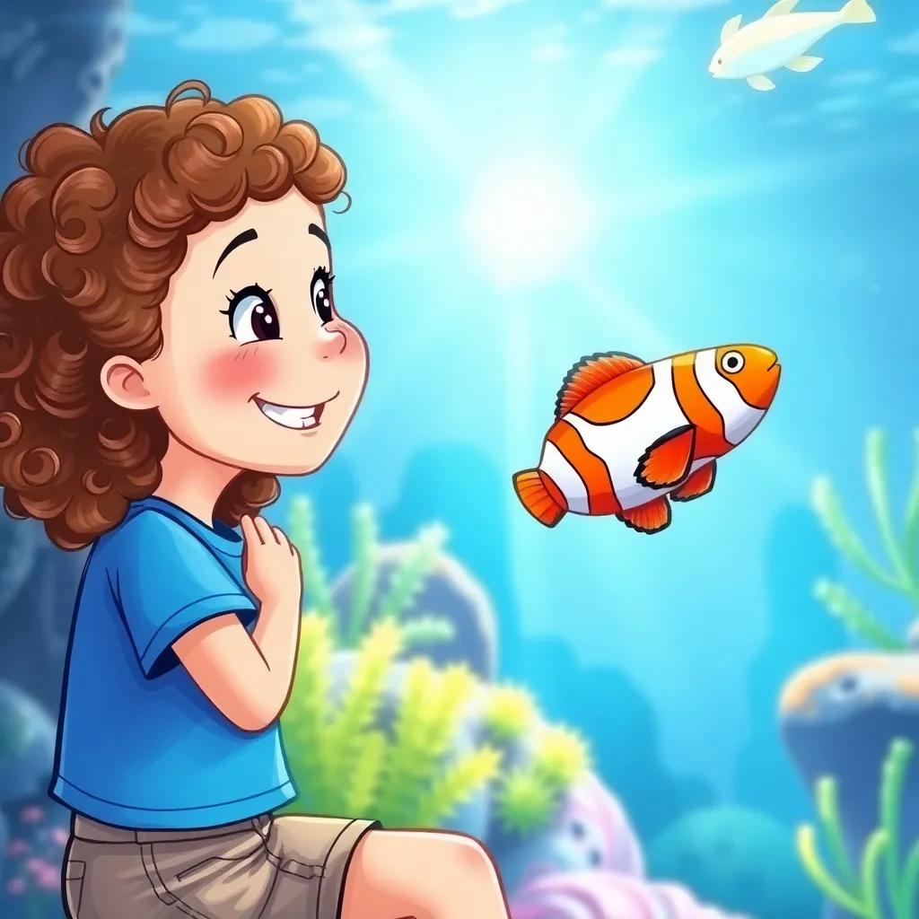 Ella, a happy young girl with curly brown hair, wearing a bright blue t-shirt and shorts, gazing at a colorful clownfish in a large aquarium tank, with sunlight reflecting on the water, lively underwater scene, bright colors, engaging perspective, high quality
