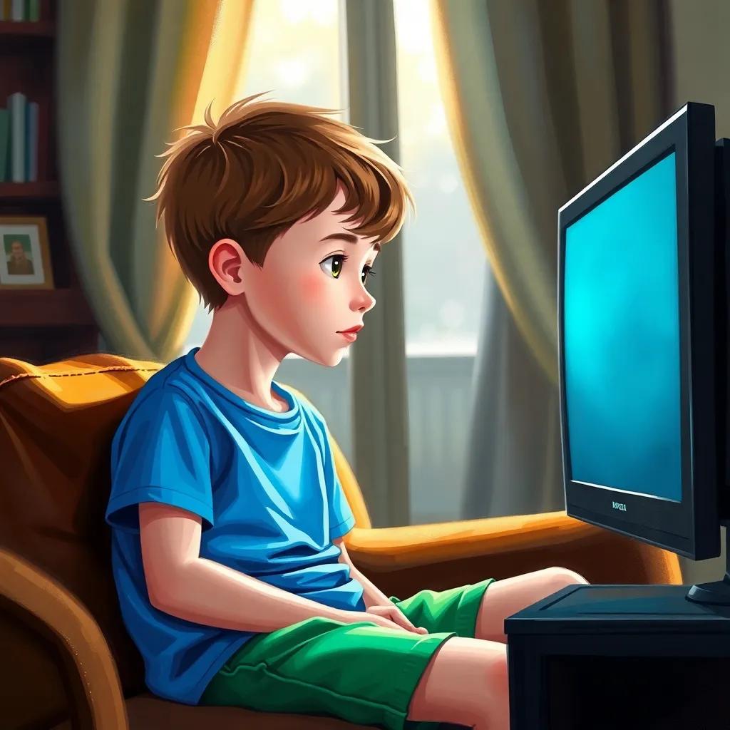 A young boy with short brown hair, wearing a blue t-shirt and green shorts, sitting on a brown couch, focused on the TV screen, bright sunlight streaming through the window, cozy atmosphere, digital art, cheerful vibe, inviting scene, high quality