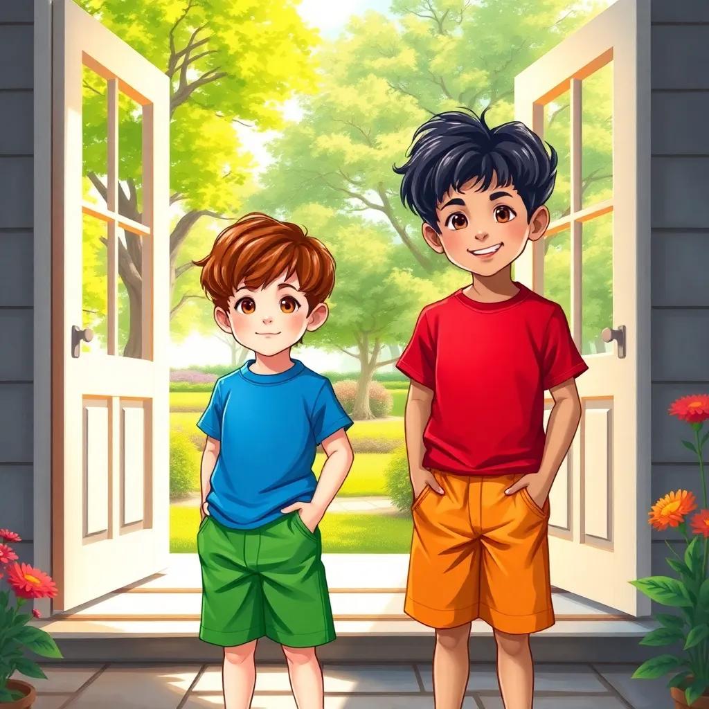 Two young boys, one with short brown hair in a blue t-shirt and green shorts, and the other with wavy black hair in a red shirt and orange shorts, standing outside a bright sunny house with open doors, park view in the background with green trees and flowers, vibrant colors, lively feeling, digital illustration, high quality