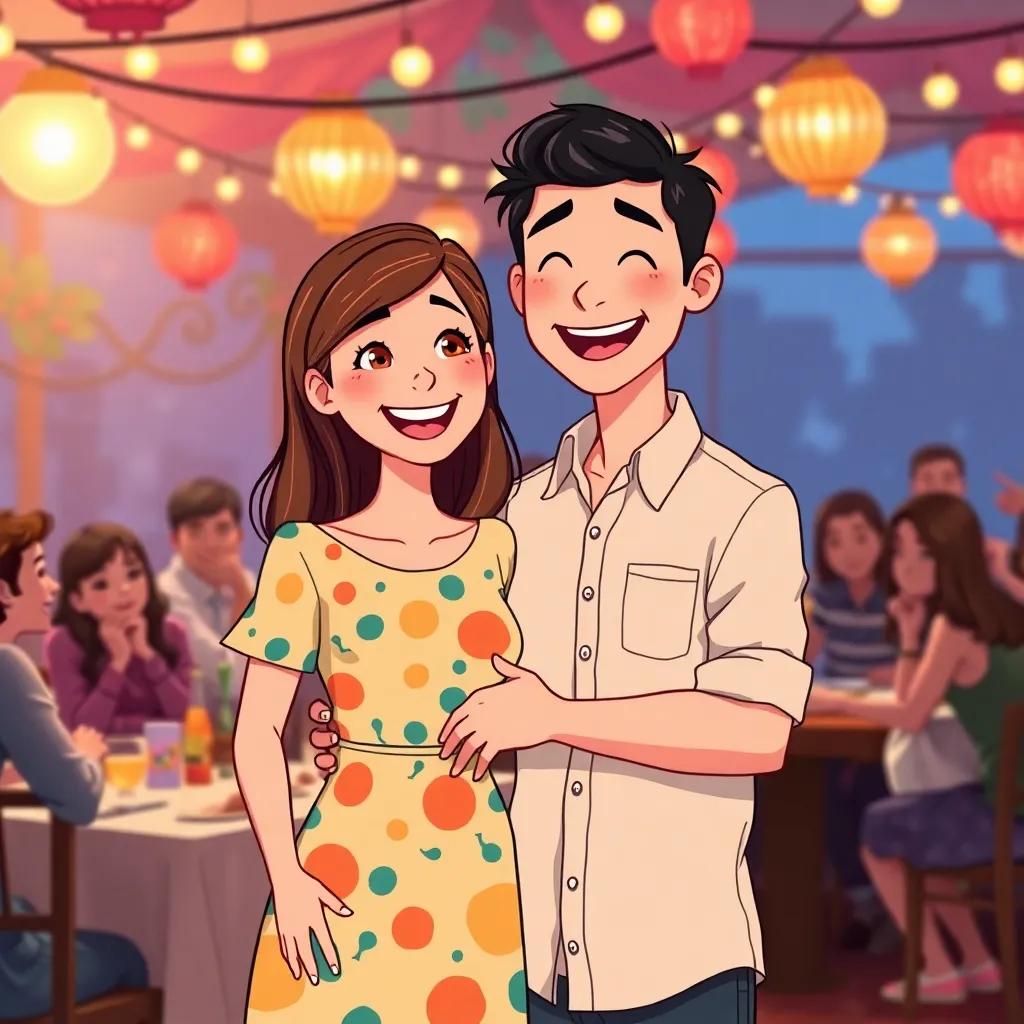 A joyful couple, Sarah with long brown hair wearing a colorful dress, and Tom with short black hair wearing a casual shirt, standing together at a lively dinner party, with a background of friends enjoying the night, illustration, cheerful, engaging scene, child-friendly