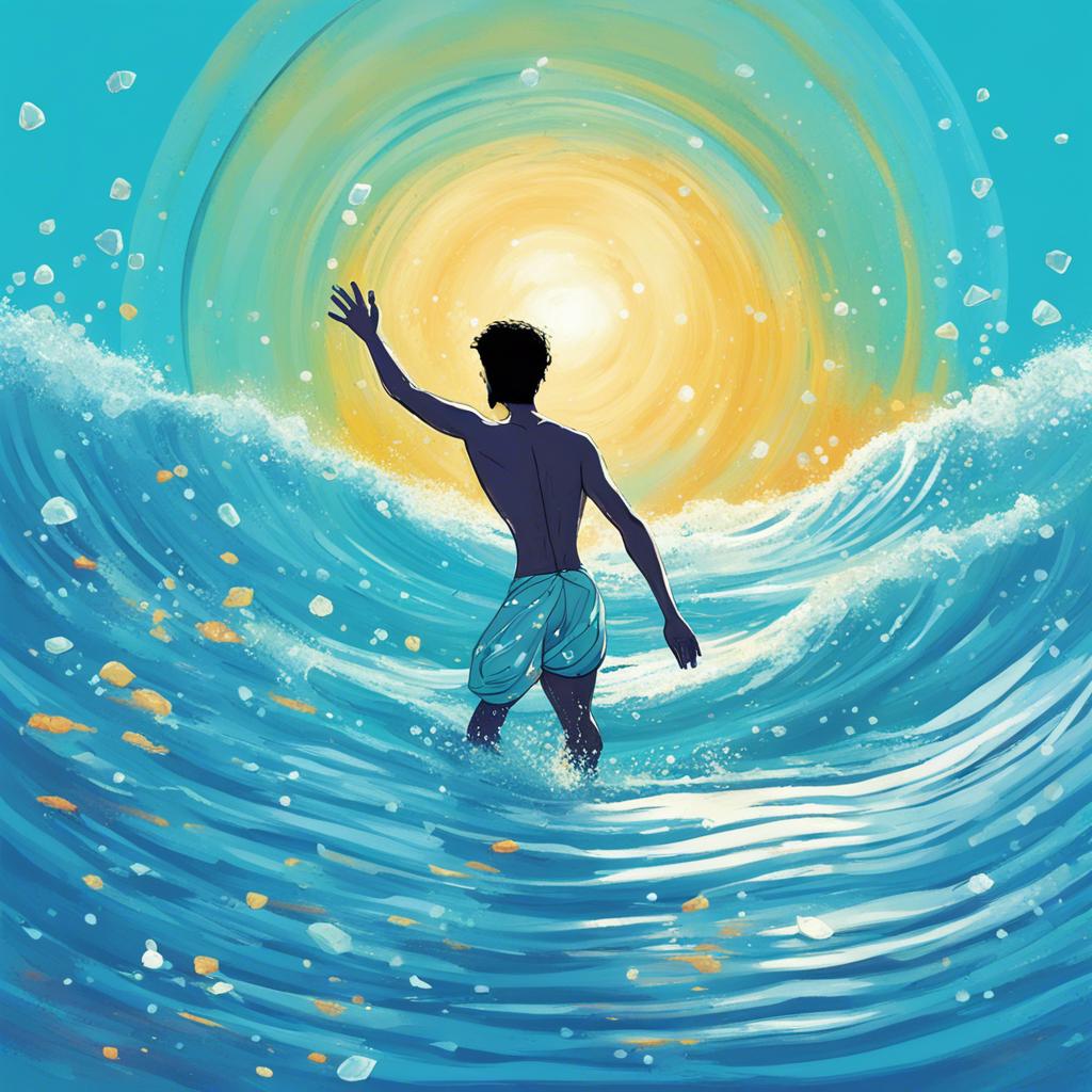 A man, Amir, swimming joyfully in the bright blue Arabian Sea under the sun, with gentle waves sparkling like diamonds, vibrant colors, digital art, cheerful atmosphere, high quality