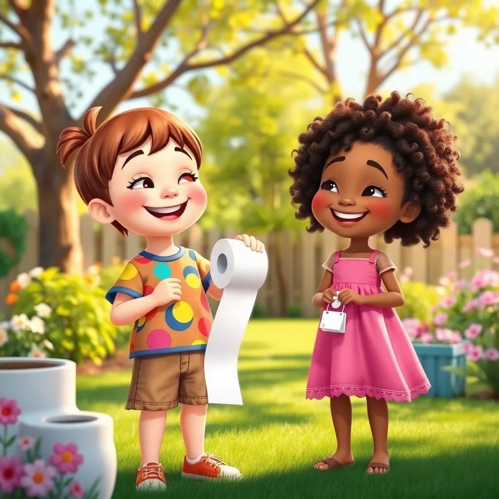 A cheerful girl, Isa, with short brown hair wearing a colorful t-shirt and shorts, holding a roll of toilet paper and laughing with her friend Bibi, a girl with curly dark hair in a pink dress, surrounded by a sunny backyard with trees and flowers, playful and vibrant, digital art, warm colors, high quality