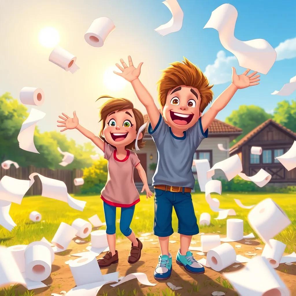 Isa and Bibi throwing toilet paper into the air in excitement, with rolls flying towards a house in the background, the sun shining bright, capturing moments of joy and mischief, illustration, dynamic, colorful, engaging, high quality