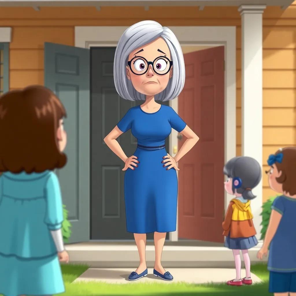 A surprised neighbor, a middle-aged woman with straight gray hair, wearing a blue dress and glasses, stepping outside her house with hands on hips, frowning at the girls, setting the scene of a humorous conflict, illustration, cheerful yet stern, high quality