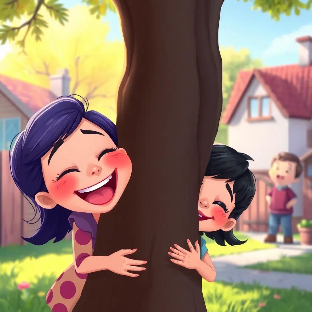 Isa and Bibi hiding behind a tree, bursting into laughter with their cheeks flushed, their expressions full of joy, while the neighbor is in the background, looking puzzled, vibrant colors, bright atmosphere, illustration, fun scene, high quality