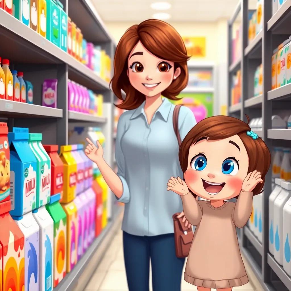 Mia, excited and inquisitive, standing by a milk shelf in the supermarket, surrounded by colorful milk cartons and a smiling mother with brown hair in a light blue shirt, digital illustration, cheerful and friendly vibe, warm colors, high quality