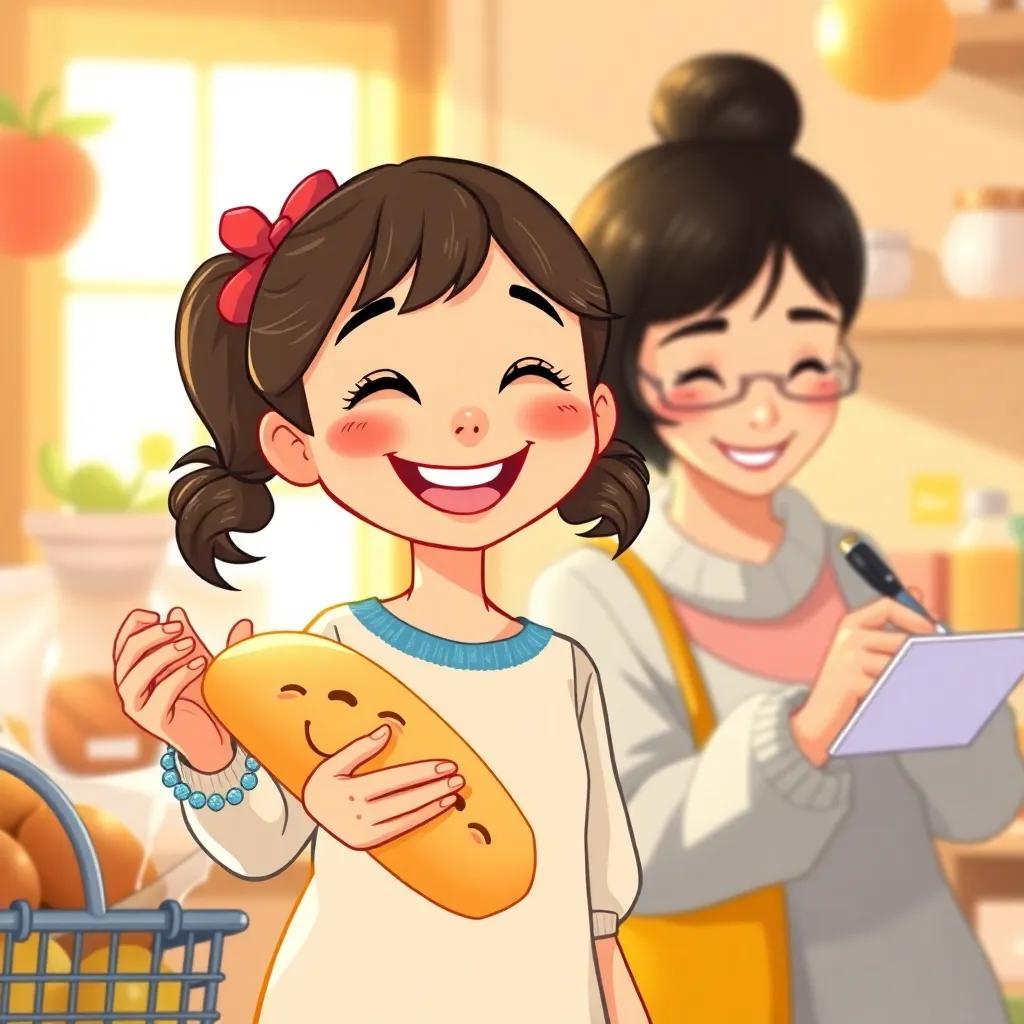 Mia, joyful with pigtails, holding a loaf of bread in her hand with a bright smile, standing next to her mom, who is writing on the shopping list, warm light, vibrant colors, detailed illustration, high quality