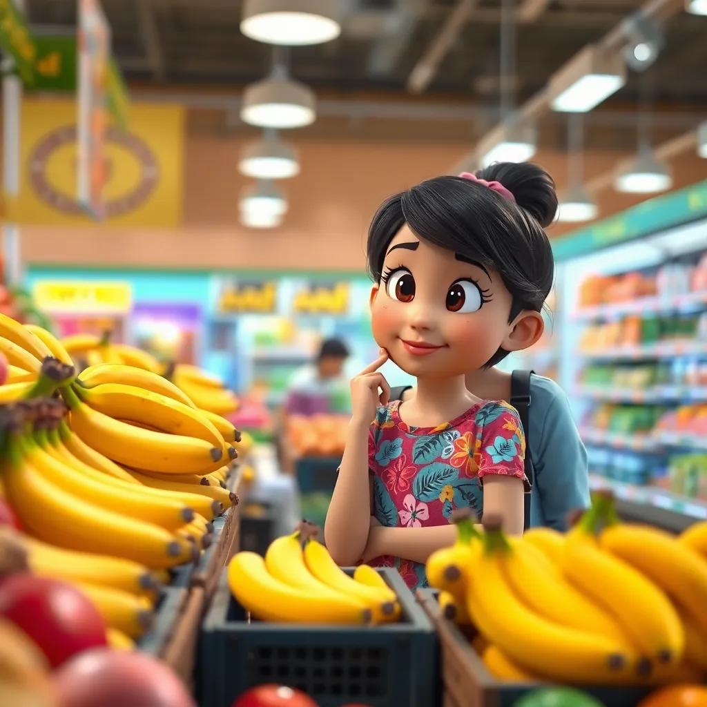 Mia, thinking hard, looking at a bunch of bananas with her mom beside her, wearing a colorful printed dress, while the bright supermarket fills the background, illustrating a cheerful shopping experience, digital art, uplifting and engaging, high quality
