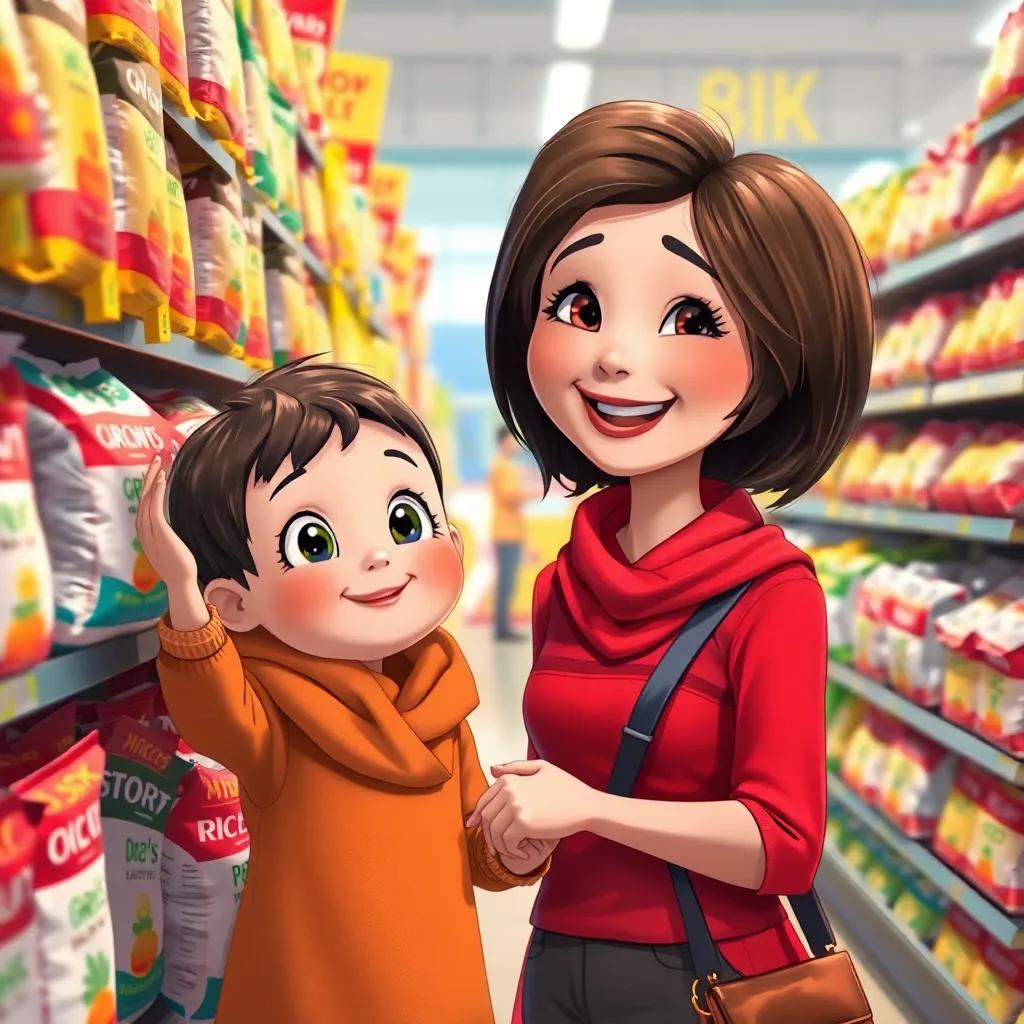 Mia, curious with short hair, standing next to a shelf of rice bags, holding her mother's hand, smiling widely, with vibrant colors of the supermarket all around them, detailed digital art, cheerful and bright, high quality