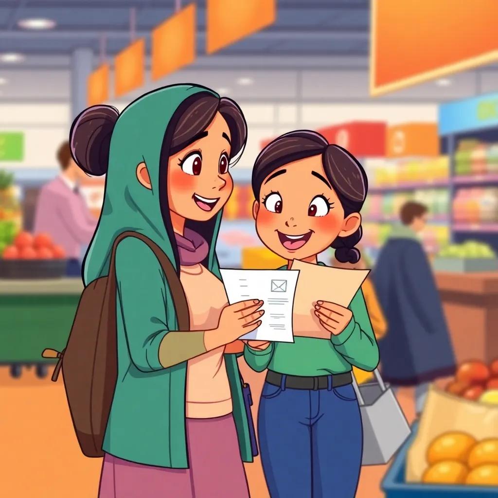 Mia and her mother waiting in the checkout line, Mia excitedly holding the shopping list and smiling, mother looking lovingly at her, colorful background, engaging illustration, warm colors, vibrant scene, high quality