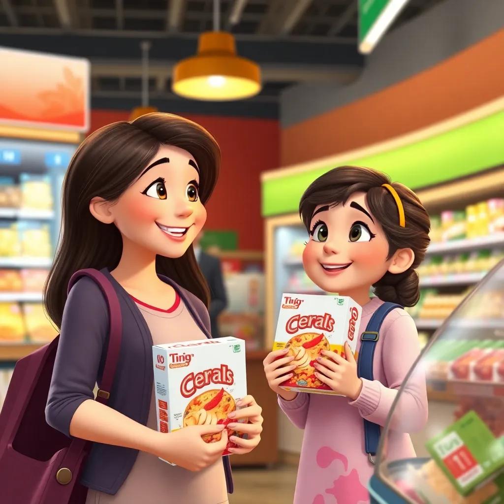 Mia and her mother chatting with the cashier, Mia holding a box of cereal with a big smile while her mom answers questions, bright supermarket colors, digital art, friendly and cheerful atmosphere, high quality