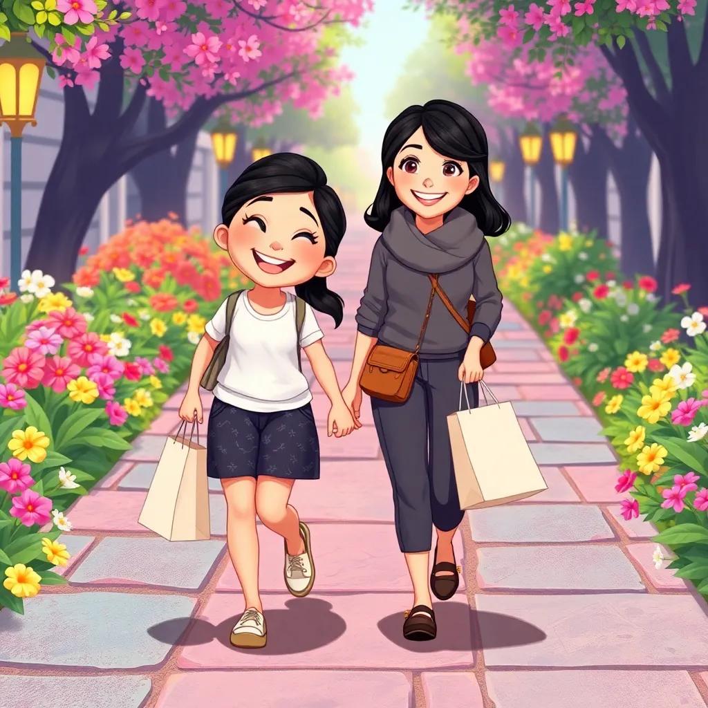 Mia happily skipping beside her mom while carrying shopping bags, colorful paths and flowers around them, portraying happiness and warmth, illustrated scene, engaging and inviting, high quality