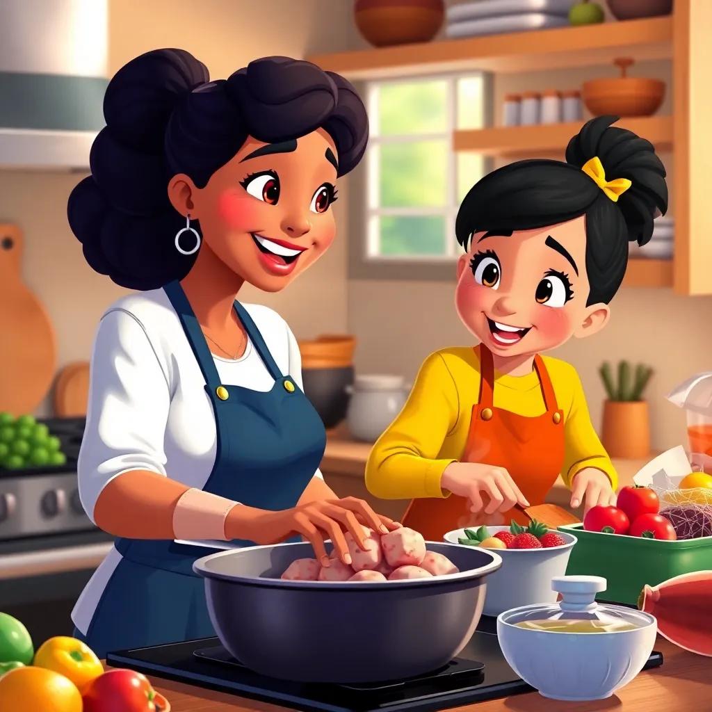 Mia and her mom cooking in the kitchen with groceries on the counter, both smiling and excited, a warm kitchen with colorful ingredients around them, digital painting, calming yet cheerful, engaging quality, high quality