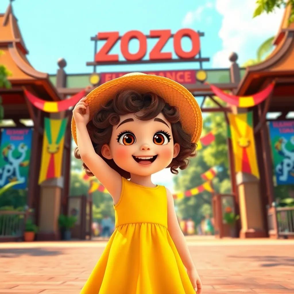 A young girl, Lily, with curly brown hair, wearing a bright yellow dress and a sunhat, excitedly standing in front of a large zoo entrance with colorful banners, digital art, vibrant colors, sunny atmosphere, high quality