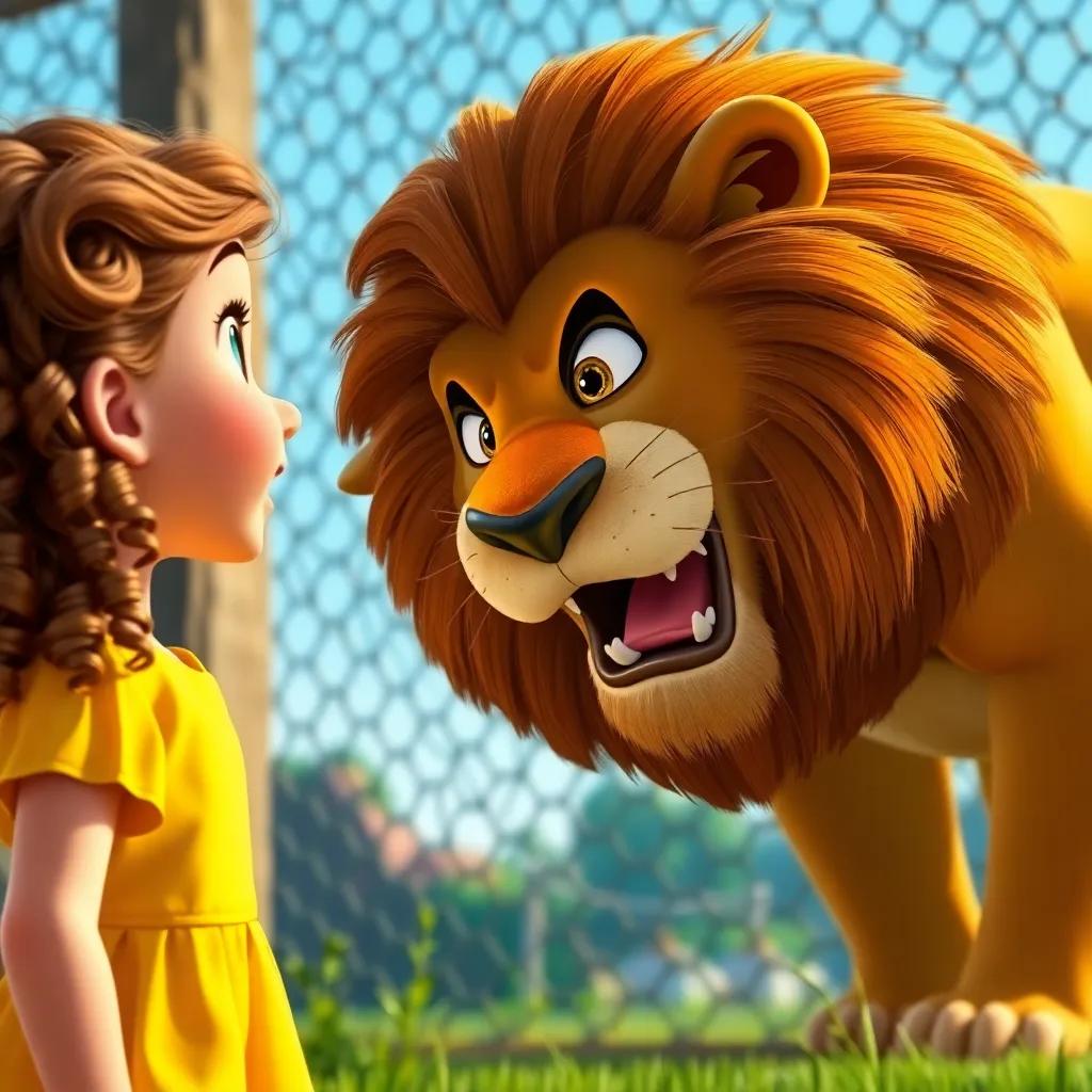 Lily, a young girl with curly brown hair in a yellow dress, wide-eyed, looking at a big lion in its enclosure, roaring powerfully, digital art, detailed scene, lively colors, high quality