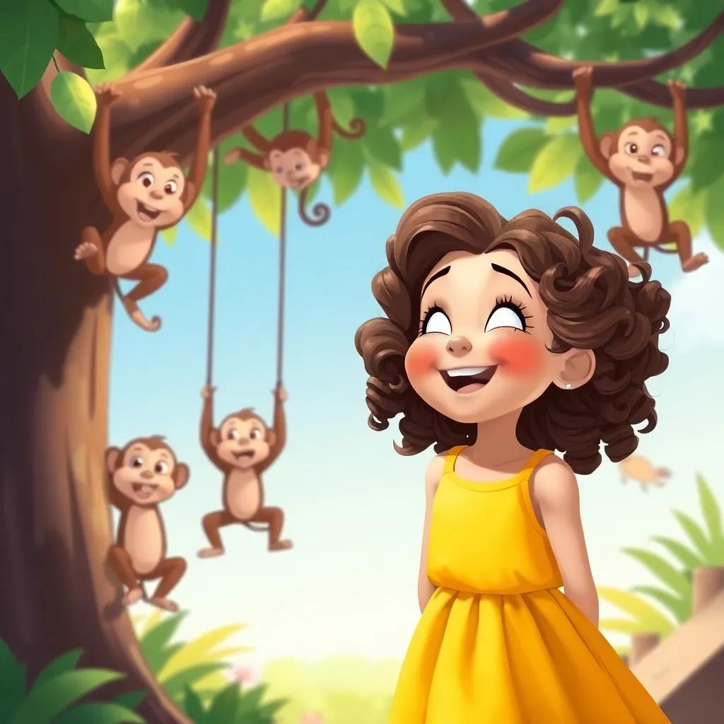 A young girl, Lily, with curly brown hair in a yellow dress, laughing while watching playful monkeys swinging from tree branches, digital art, cheerful and colorful, vibrant setting, high quality