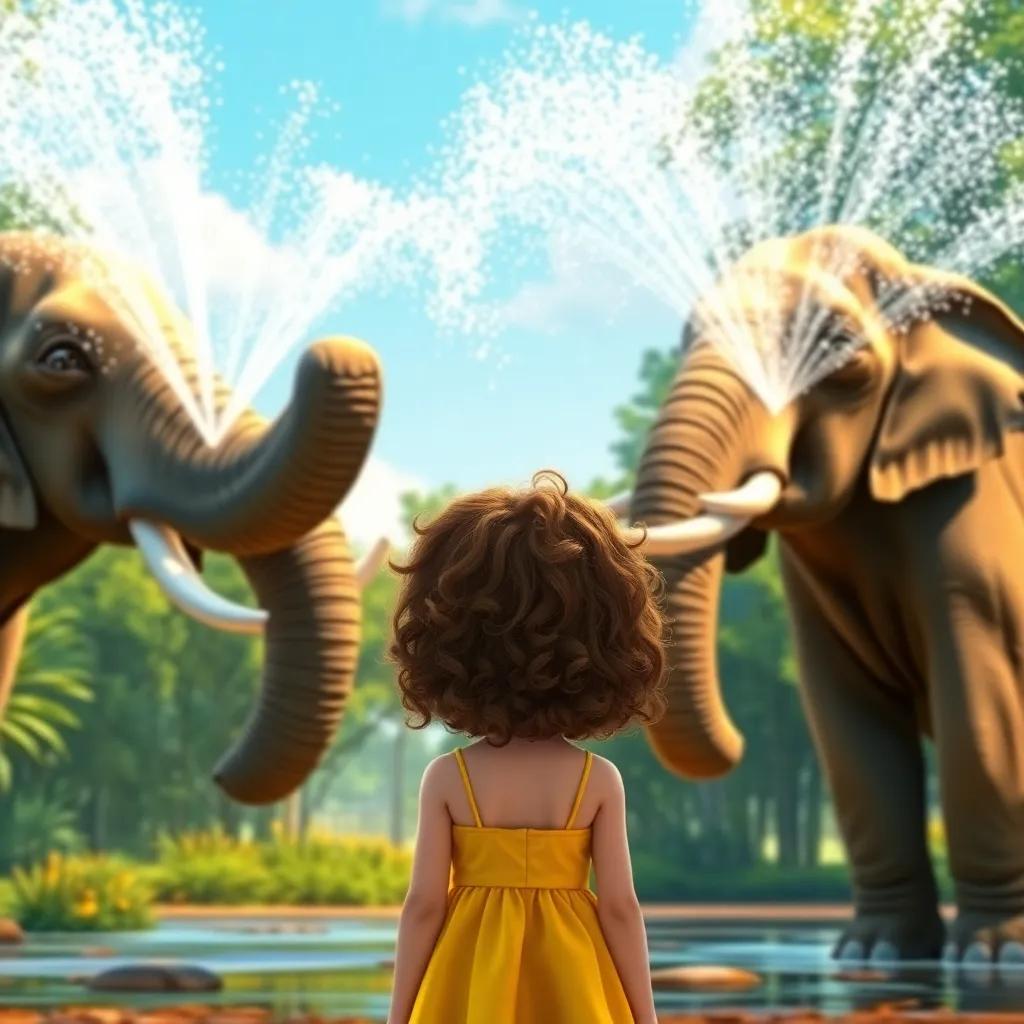 Lily, a young girl with curly brown hair in a yellow dress, amazed by giant elephants spraying water on each other at the zoo, digital art, joyful atmosphere, bright colors, high quality