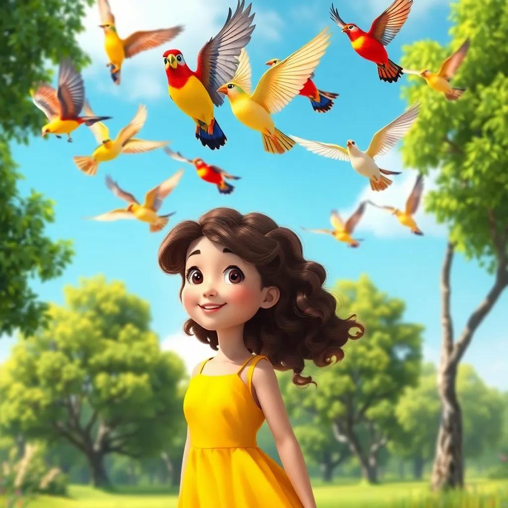 A group of colorful birds flying above young Lily, who has curly brown hair in a yellow dress, with lush green trees and a bright blue sky, digital art, vibrant and lively, high quality