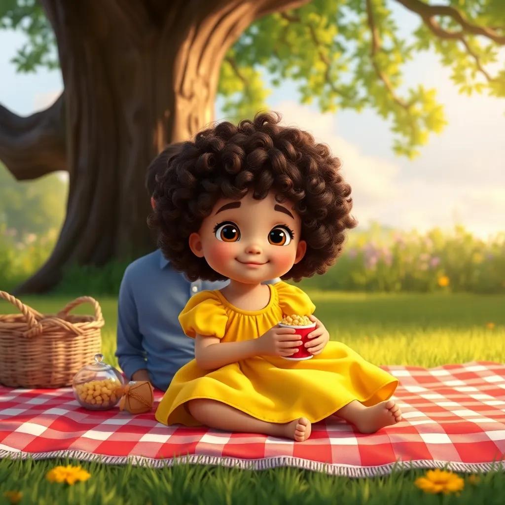 Lily, a young girl with curly brown hair in a yellow dress, sitting on a picnic blanket under a big tree, enjoying snacks with her dad, digital art, cheerful colors, warm lighting, high quality