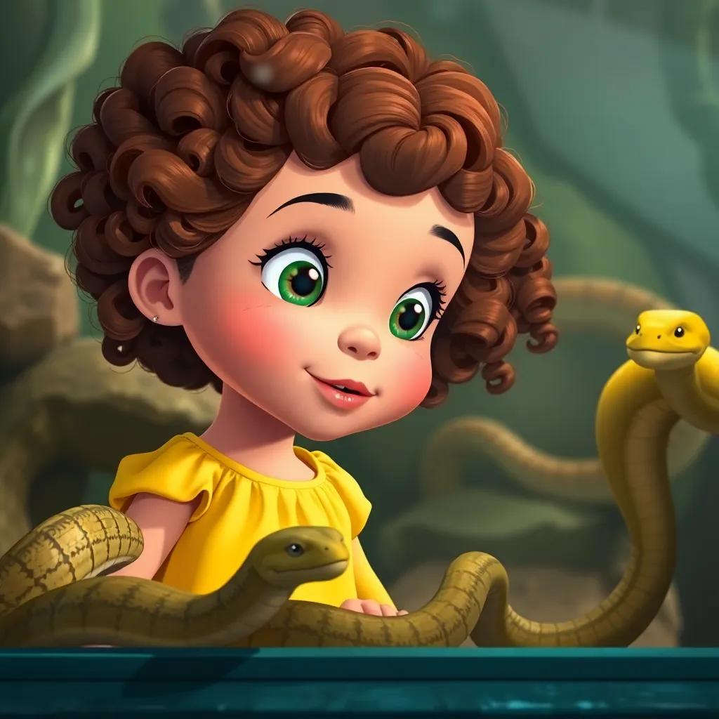 Lily, a young girl with curly brown hair in a yellow dress, peeking through the glass at slithering snakes in the reptile room, digital art, playful atmosphere, rich colors, high quality