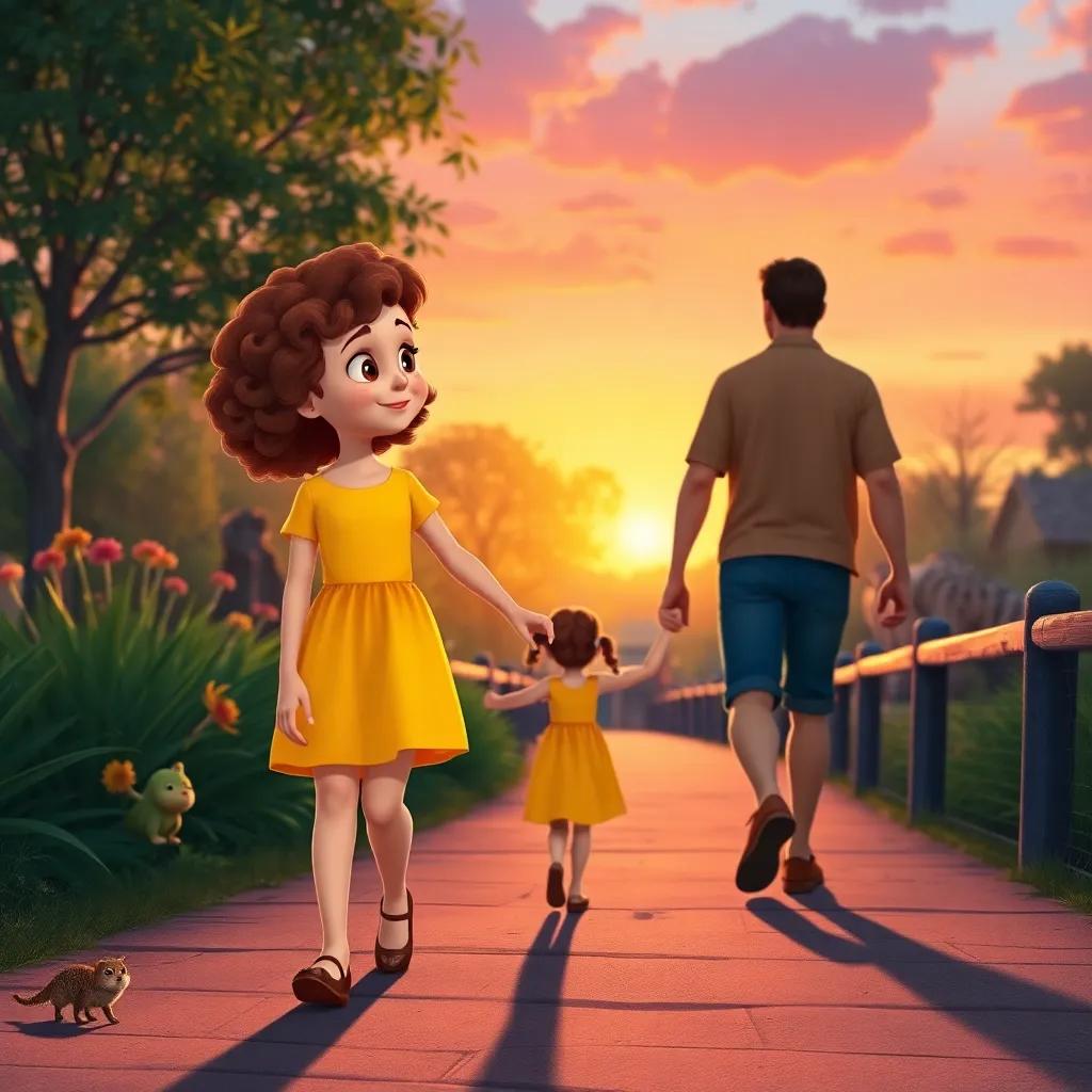Lily, a young girl with curly brown hair in a yellow dress, walking hand in hand with her dad, leaving the zoo during a beautiful sunset, digital art, warm colors, heartwarming scene, high quality